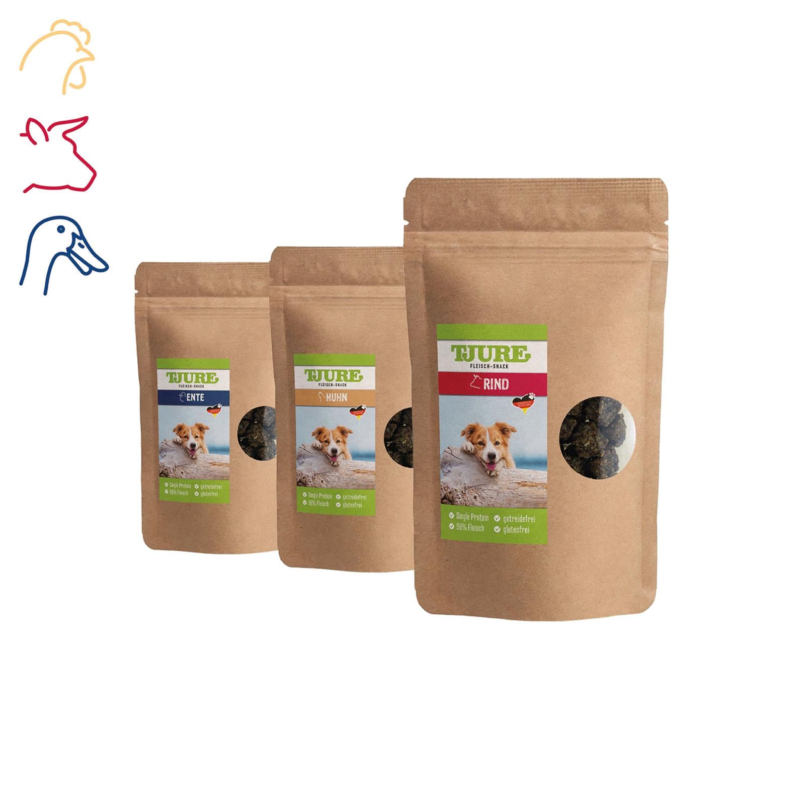Tjure Cane - Snack Box da 150 g ciascuno (Anatra, Manzo, Pollo)