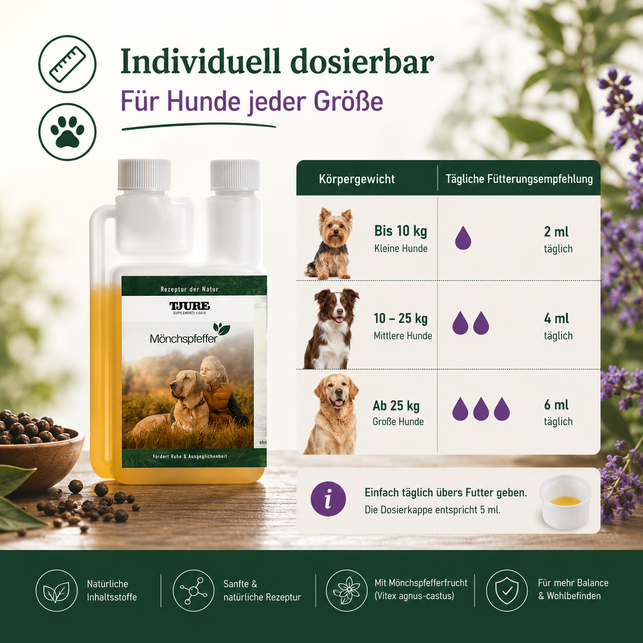 TJURE - Liquido di Agnocasto - 500 ml | Equilibrio ormonale per cani felici | in calore | falsa gravidanza