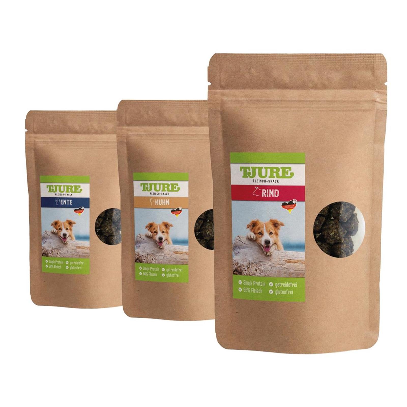 Tjure Cane - Snack Box da 150 g ciascuno (Anatra, Manzo, Pollo)